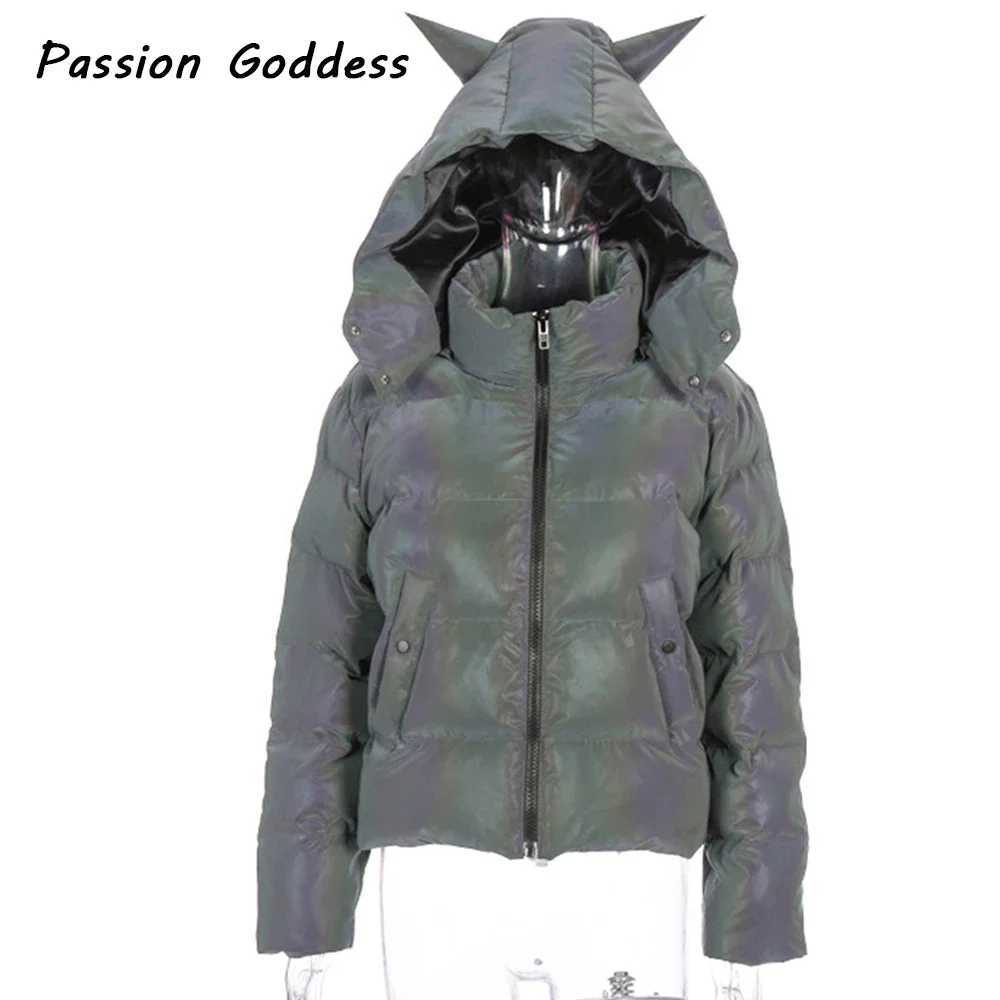 Women's Down Parkas Womens Reflective Hoodie Parkas Down Bubble Jacket Inflatable Jacket Cool Shining Cute Hoodie Thick Coat Y241019JYYI