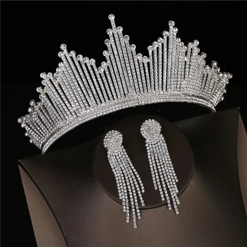 Baroque Luxury Silver Color Crystal Bridal Tiaras Crown With Earrings Rhinestone Pageant Diadem Wedding Hair Accessories Bijoux 241018