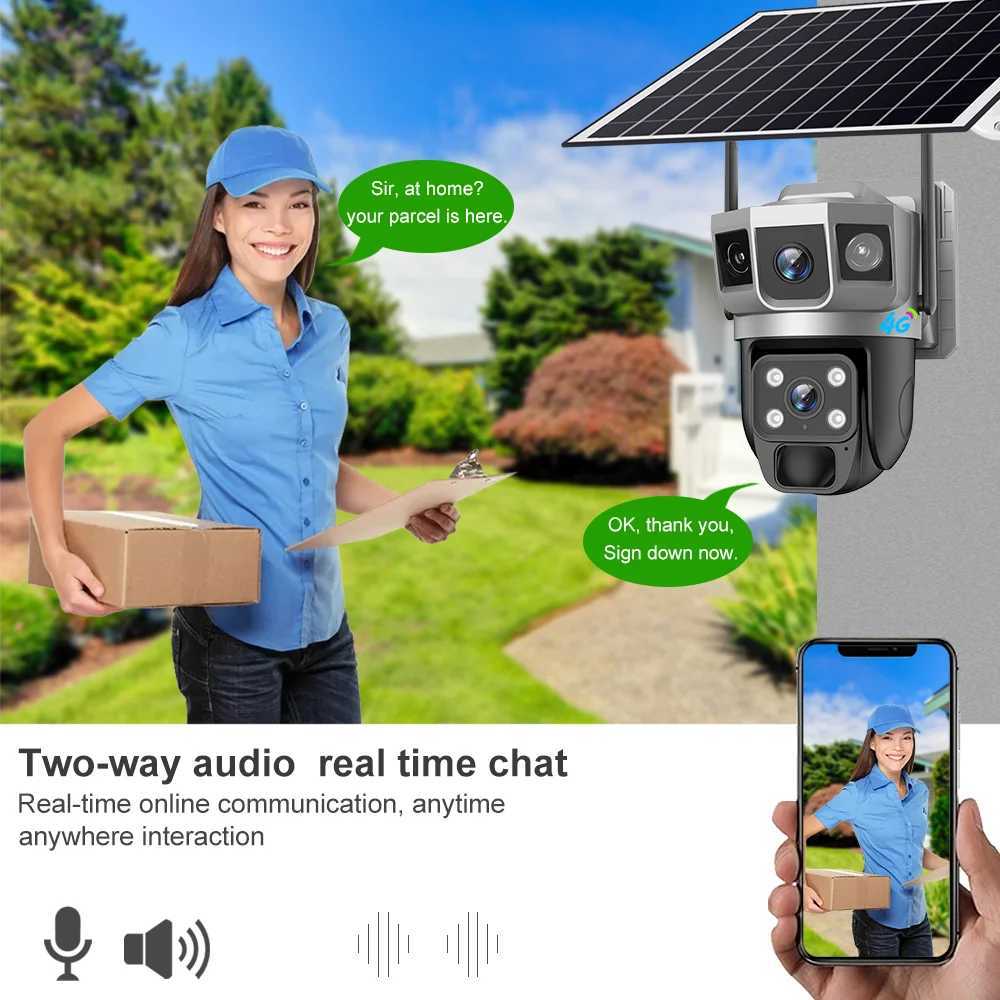 Camera 12MP Solar Camera 4G Sim Outdoor Dual Lens Three Screen 6K IP Camara Solar Panel CCTV Security Built in Battery PIR Cam V380 Z241019