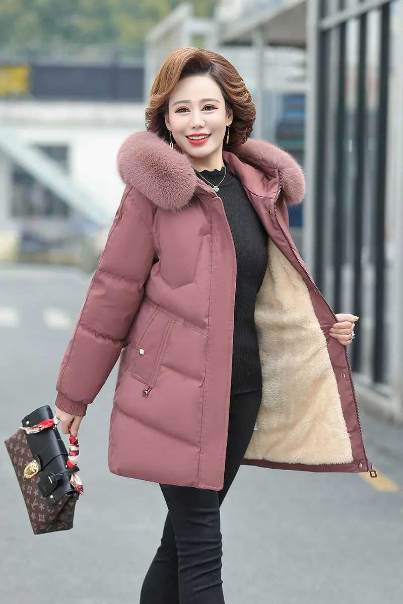 Middle-aged Womens Parkas Faux fur collar Jackets Winter Plus Velvet Lamb Hooded Coats Cotton Jacket Womens Mama OvercoatX241019