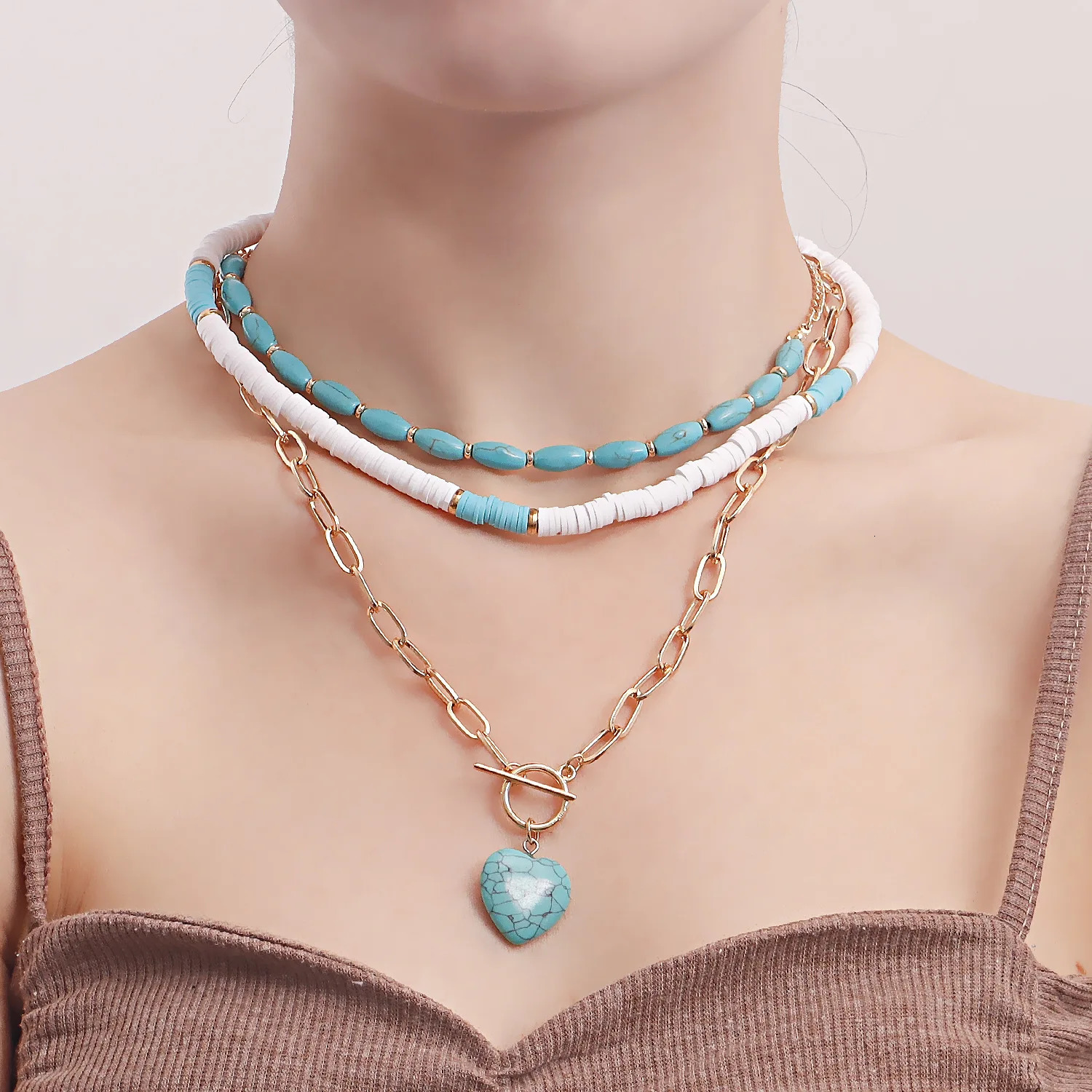 Renya Ethnic Calais Stone Necklace Heart shaped Stone Pendant Necklace Polymer Clay Bead Layered Necklace 241018