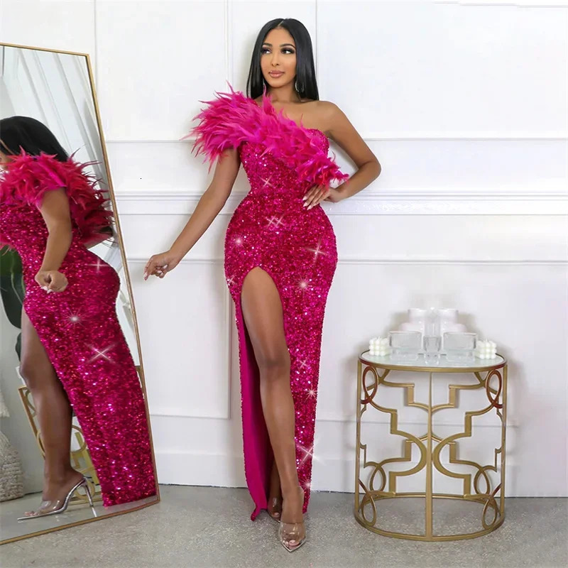 Autumn Winter Womens One Shoulder Elegant Long Party Dress Feather High Splitting sequin Sparkling Sexy Dress Birthday Dress 241017