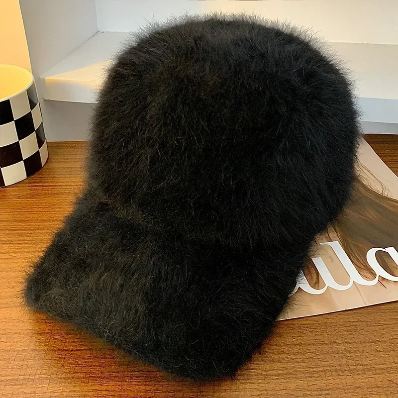 Ins Solid Color Rabbit Hair Baseball Caps Women Autumn and Winter Korean Versatile Warm Show Face Small Plush Duck Bill Hat 241009