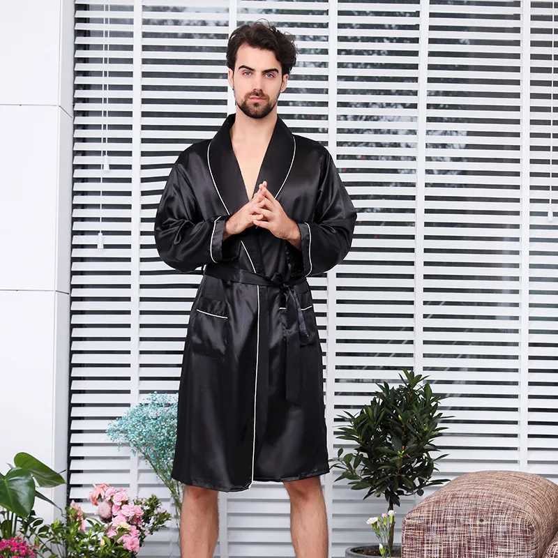 Large Size Men Robe Kimono Bathrobe Gown with Pocket Black Silk Satin Sleepwear Nightwear Spring Summer Homewear 5XL 6XL 7XLXJ241018