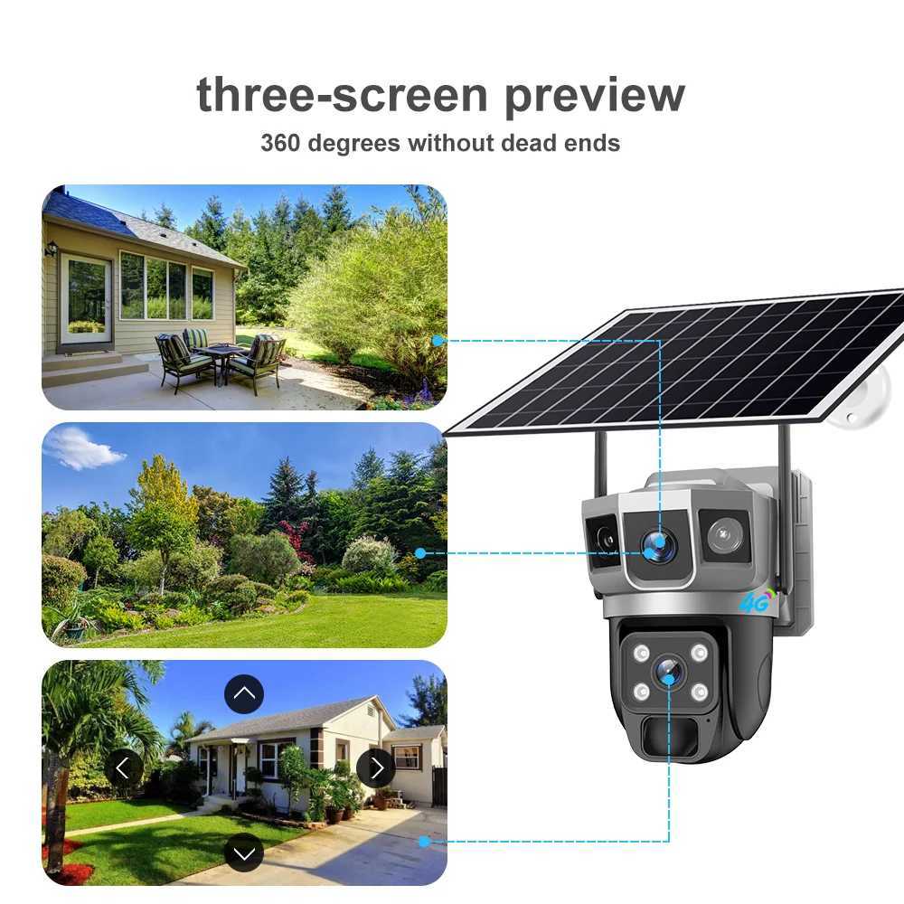 Camera 12MP Solar Camera 4G Sim Outdoor Dual Lens Three Screen 6K IP Camara Solar Panel CCTV Security Built in Battery PIR Cam V380 Z241019