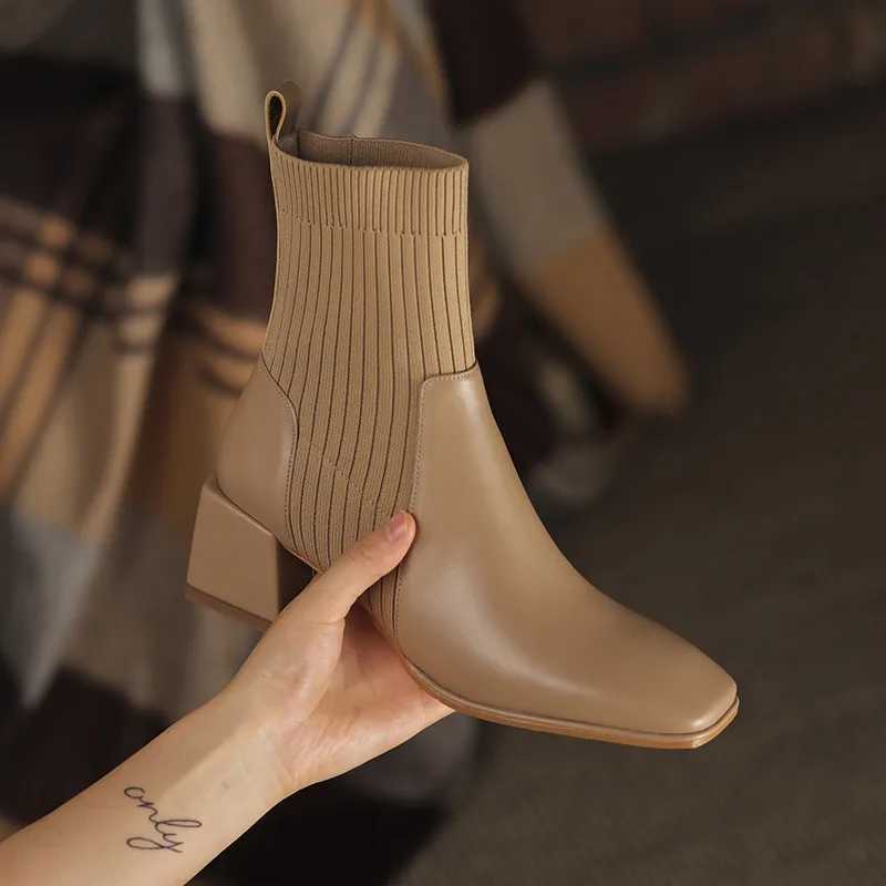 2023 Autumn/Winter New Ankle Socks Shoes Womens Fashion Large 43 Knitted Short Boots Womens High Heels Botas De Mujer Y241019
