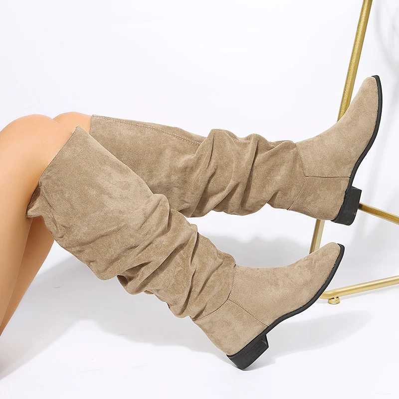 Womens pleated knee high boots autumn new item plus size thick high heels womens outdoor casual womens shoes Y241019