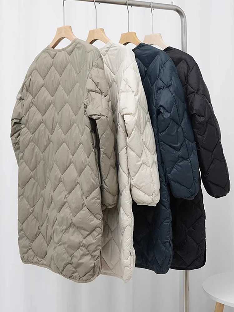 0-10 Korean Style Women Winter Coats 2024 New Autumn Ultra Light Long Duck Down Jackets Collarless Windproof Puffer ParkasX241019