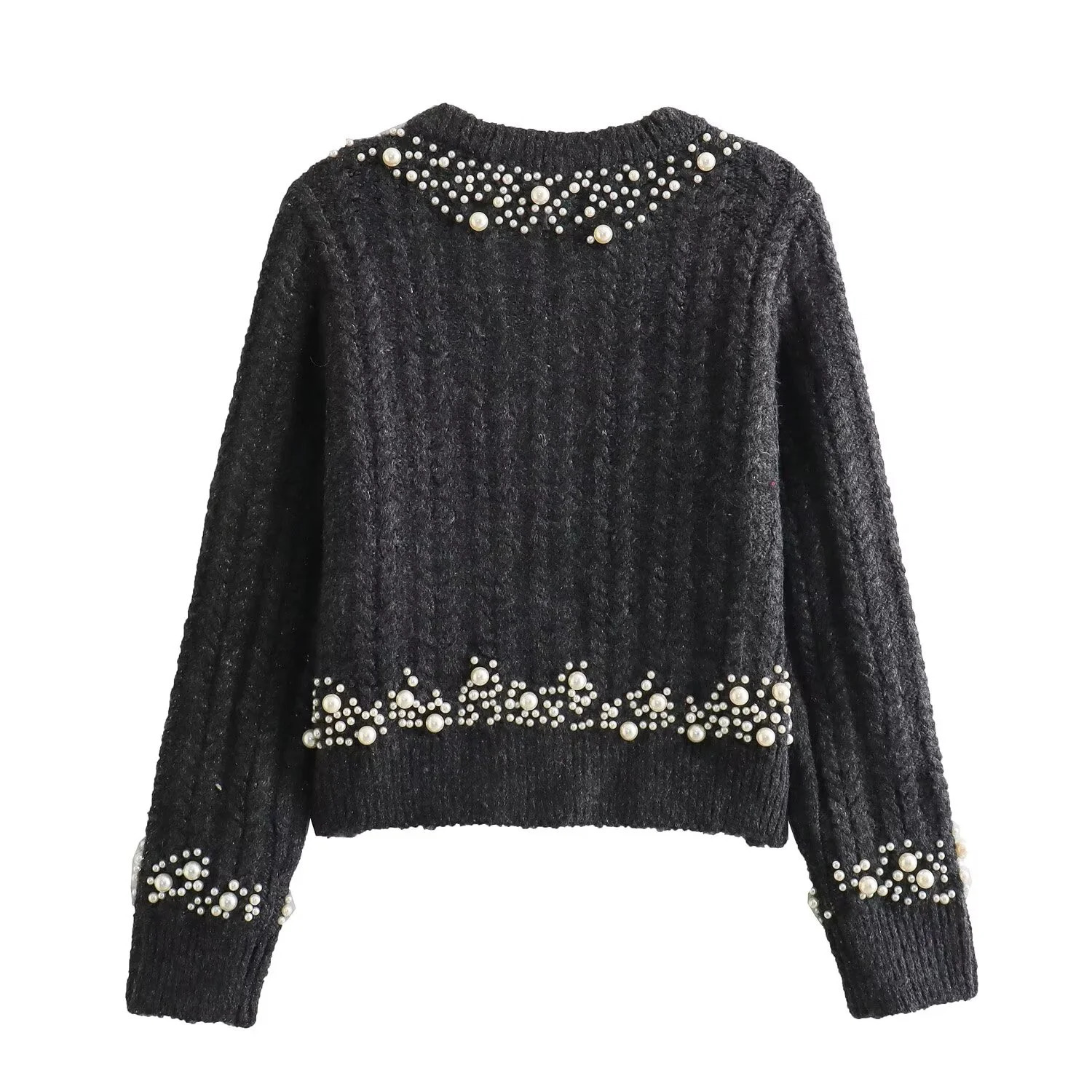 Autumn and winter sweet and fashionable temperature bright pearl craft knitted sweater cardigan wool sweater 241019