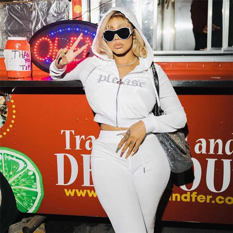 Women's Two Piece Pants Women 2 Piece Shiny Rhinestone Jackets Pants Velvet Tracksuits Hot Drilling Hooded Jacket High Waist Sweatpants Two Piece