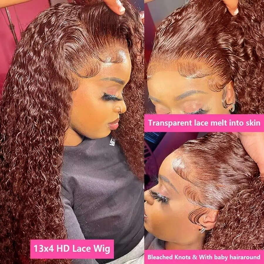 Reddish Brown Inch Deep Wave Frontal Wig x X HD Lace Colored Curly Closure Front Human Hair Wigs s