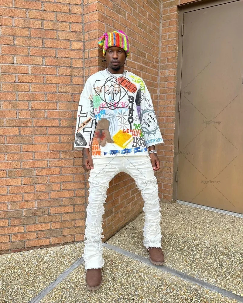 Gothic punk style printed graphic T-shirt American retro oversized long sleeved mens Y2K Harajuku street hip-hop casual loose top 241019
