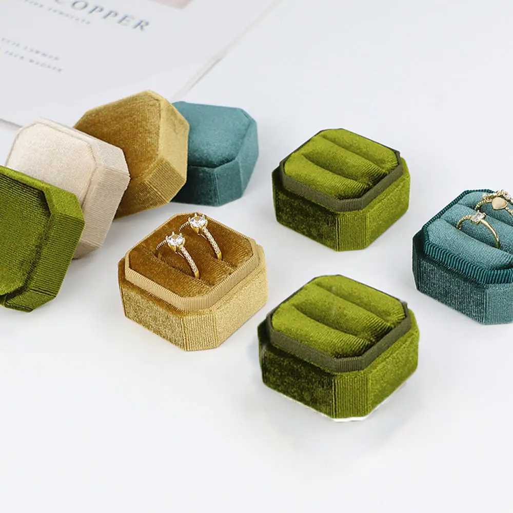 Vintage octagonal square velvet single and double ring boxes with detachable earrings recommended for storing wedding ring pendants W241019