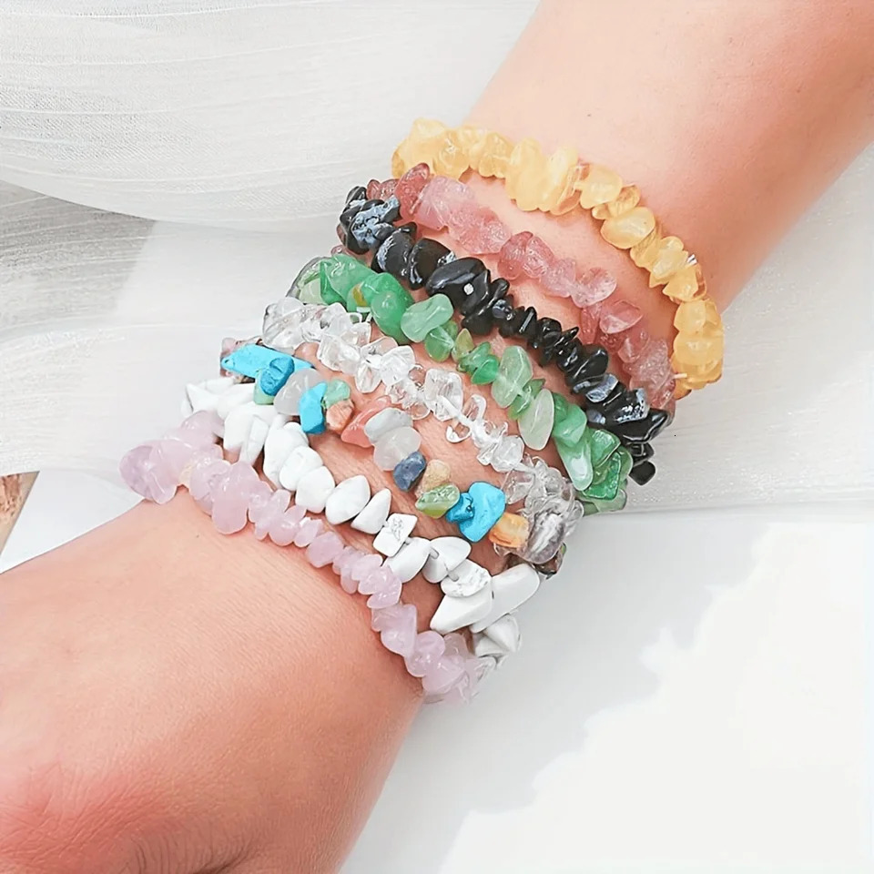 12 piece crystal chip bracelet set for women natural gemstone bracelet colorful gravel bead bracelet irregular chip bead bra 241018