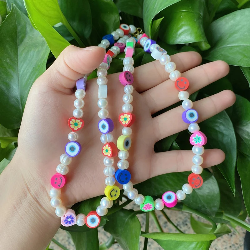 Handmade Turkiye Eye Freshwater Pearl Eye Soft Polymer Clay Bead Necklace 241018