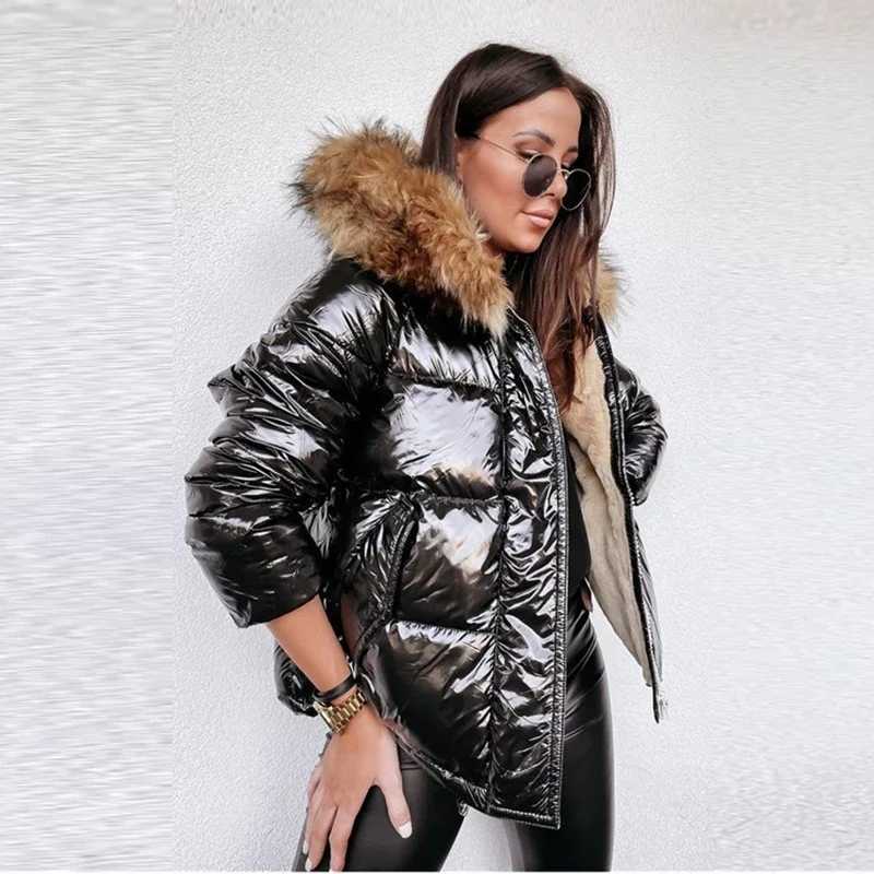 Women's Down Parkas Womens solid shiny PU jacket 2023 winter fashion big fur collar hooded cotton coat womens casual thick warm zipper park Y2410