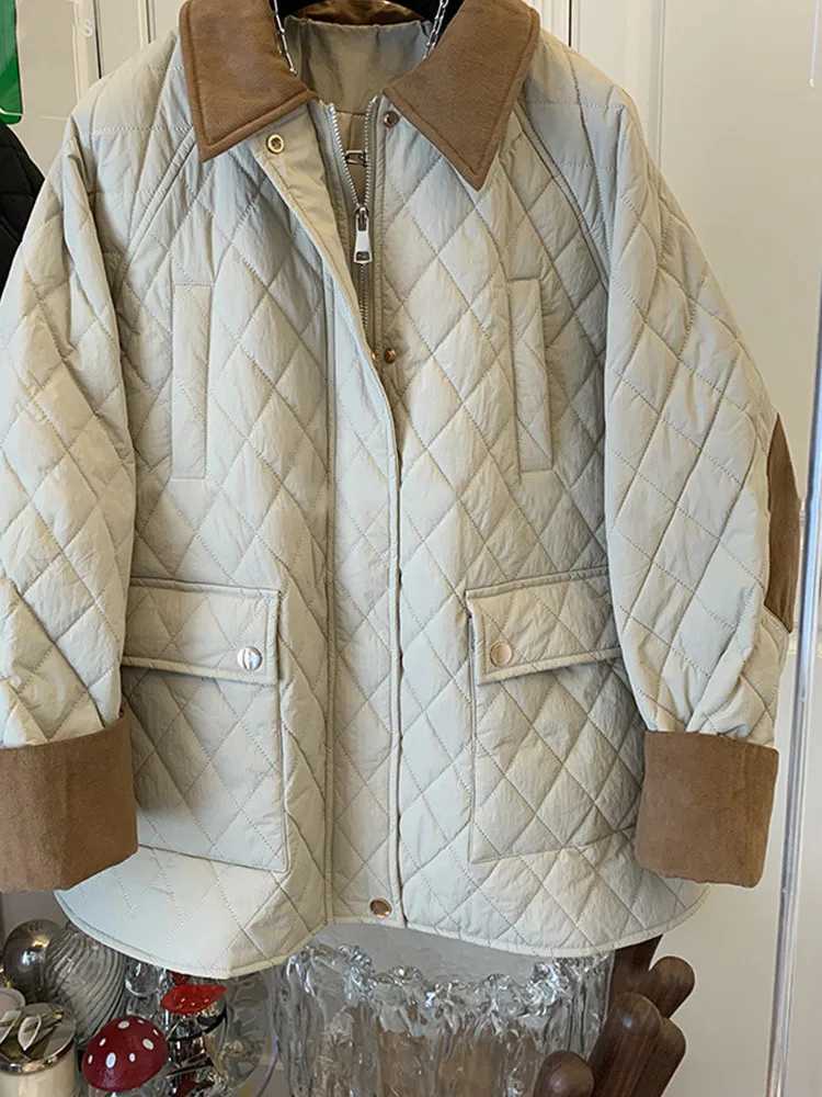 Turn-down Collar M-3XL Patchwork Contrast Color Rhombus Cotton Padded Coat Long Sleeve Zipper Lady Retro JacketX241019