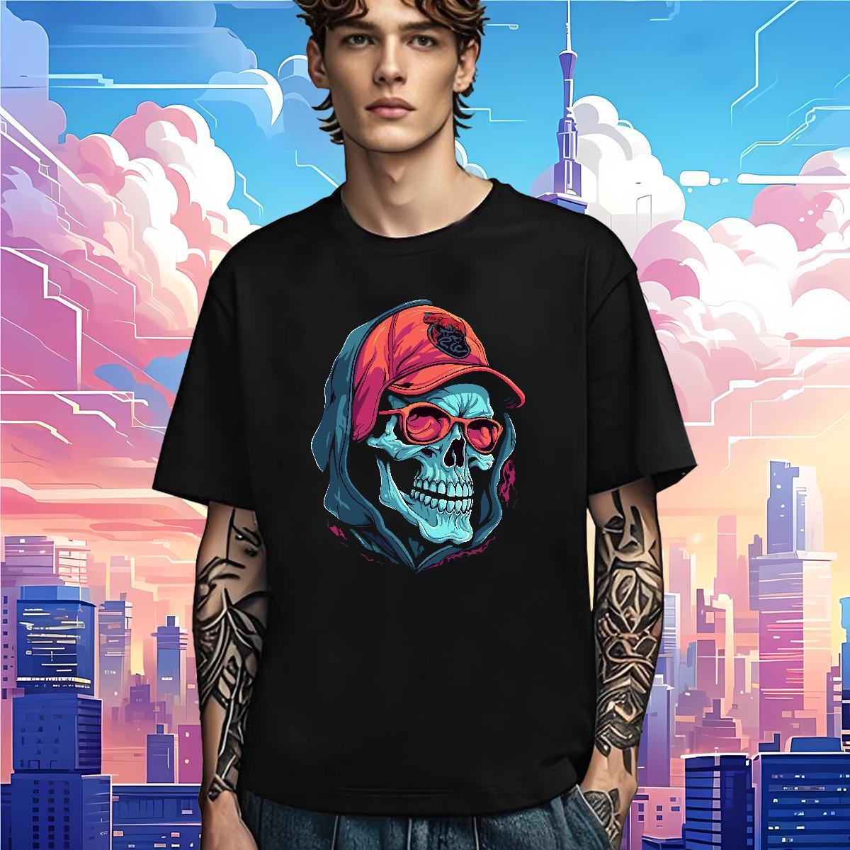 High Quality T shirt 230g 100% Cotton skull Anime Printing Street Black White Short Sleeve O-Neck Tshirt for Man Woman Stylist Tops