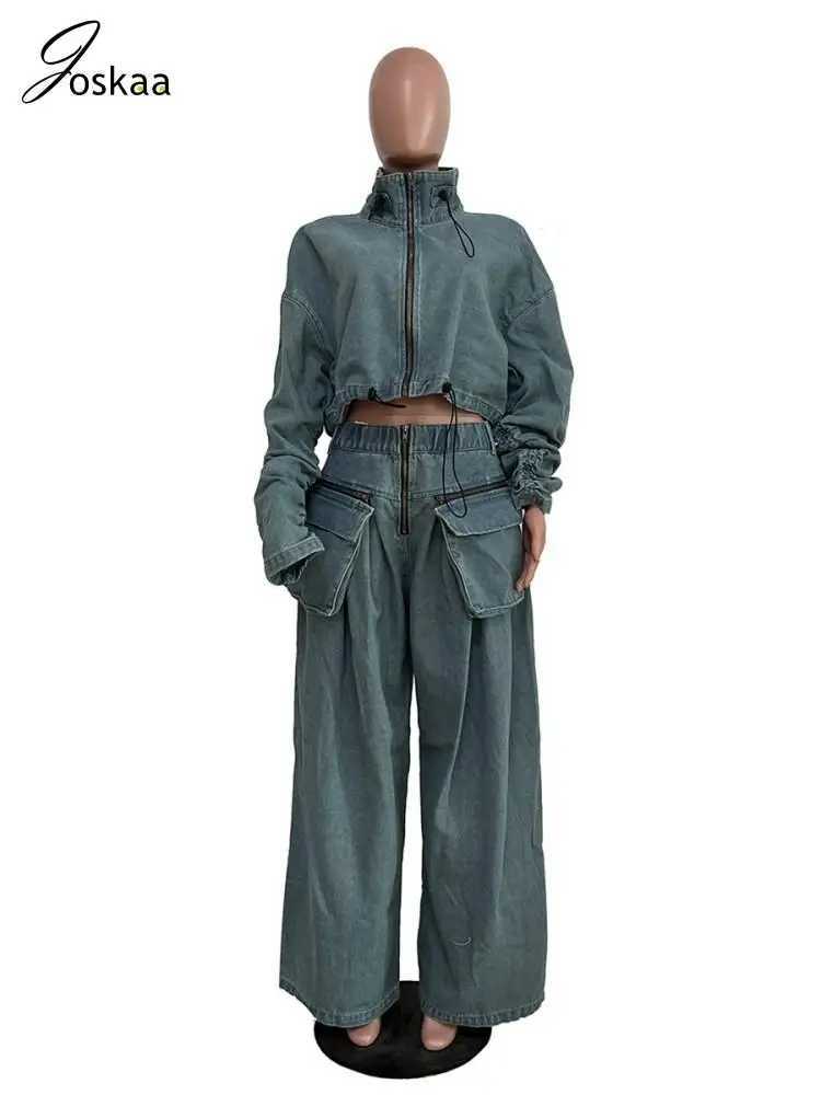 Women's Two Piece Pants Joskaa casual denim two-piece womens solid long Sleve zipper drawstring jacket and pocket jeans competition 2024 Y2K T-sh