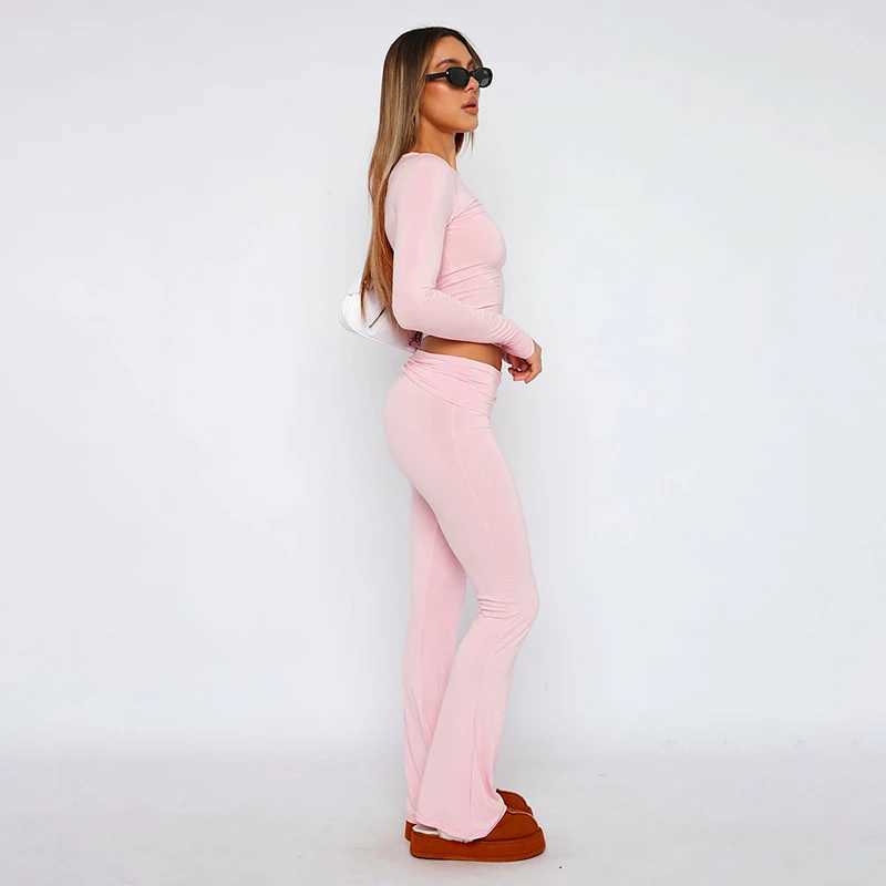 Women's Two Piece Pants CUTENOVA Womens Spring Casual 2-piece Set Long Sleve Crew Neck Crop Top Low Waist Flare Pants Casual Set Y2410198I92