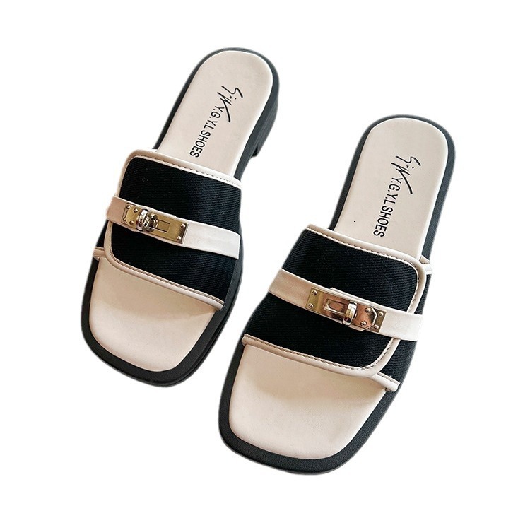 Flat Square Toe Bottom Slippers Summer New Women S Metal Buckle Decoration Casual One Line Low Heel Sandals For To Wear Externally Ddmysaturn