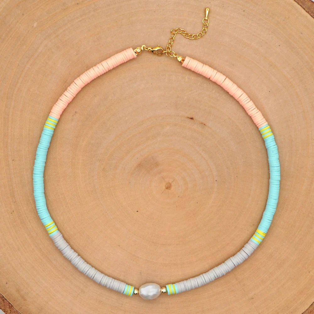 Go2Boho Vinyl Heishi Disc Beads Freshwater Pearl Polymer Clay Beads Necklace for Women Stainless Steel Chain 241018