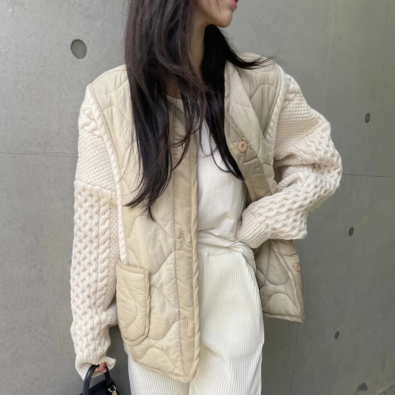 V Neck Two Jackets for Women 2024 Chaquetas Para Mujer Winter Cotton Parkas Thick Knitted Cardigan Twists Coat Y2k Top 241010