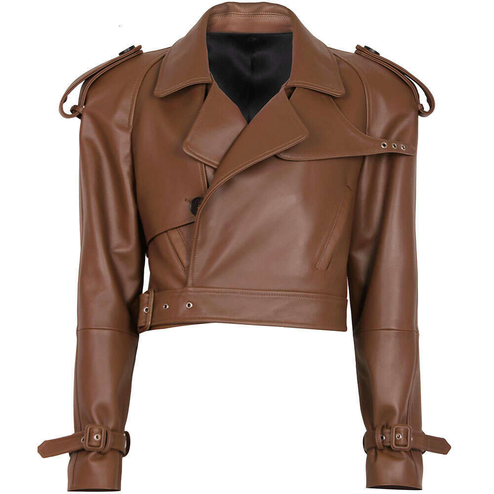 Yoloagain Wide Shoulder Real Women Oversized Genuine Leather Cropped Jacket