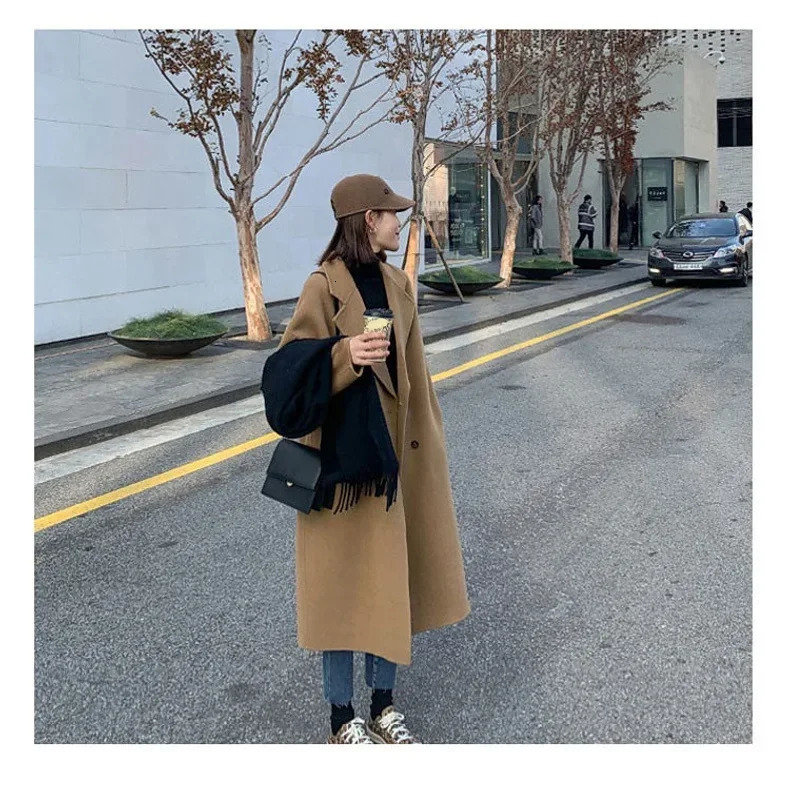 Womens camel cashmere coat long jacket double row buttons autumn and winter fashionable wool jacket 241019