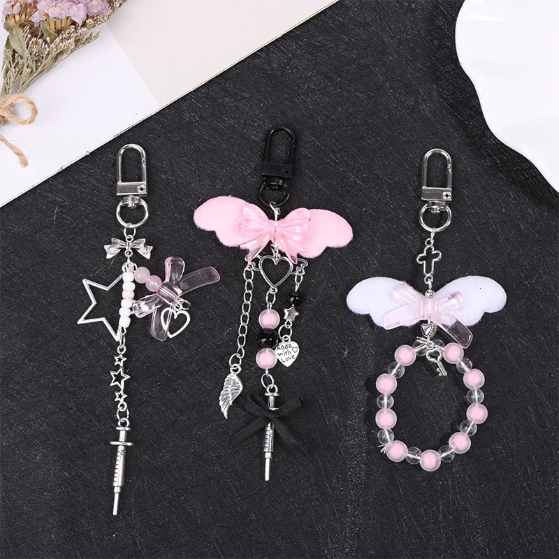 Y2k Pink Wings Phone Chain Dolphin Star Keychain Sweet Cool Beaded Earphone Case Pendant Bag Decor Car Keyring 241017