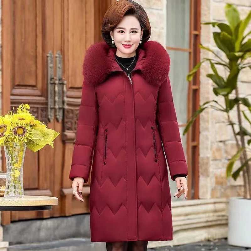 XL-5XL Middle Aged Mother Down Cotton-Padded Jacket Loose Hooded Fur Collar Coat Thicken Mid-Long Parkas Women Winter ClothesX241019