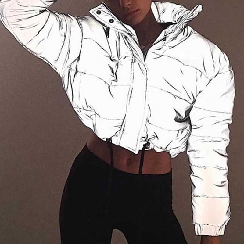 Women's Down Parkas Winter new reflective short jacket thickened luminous jacket night reflective sports womens solid color casual T-shirt Y24101