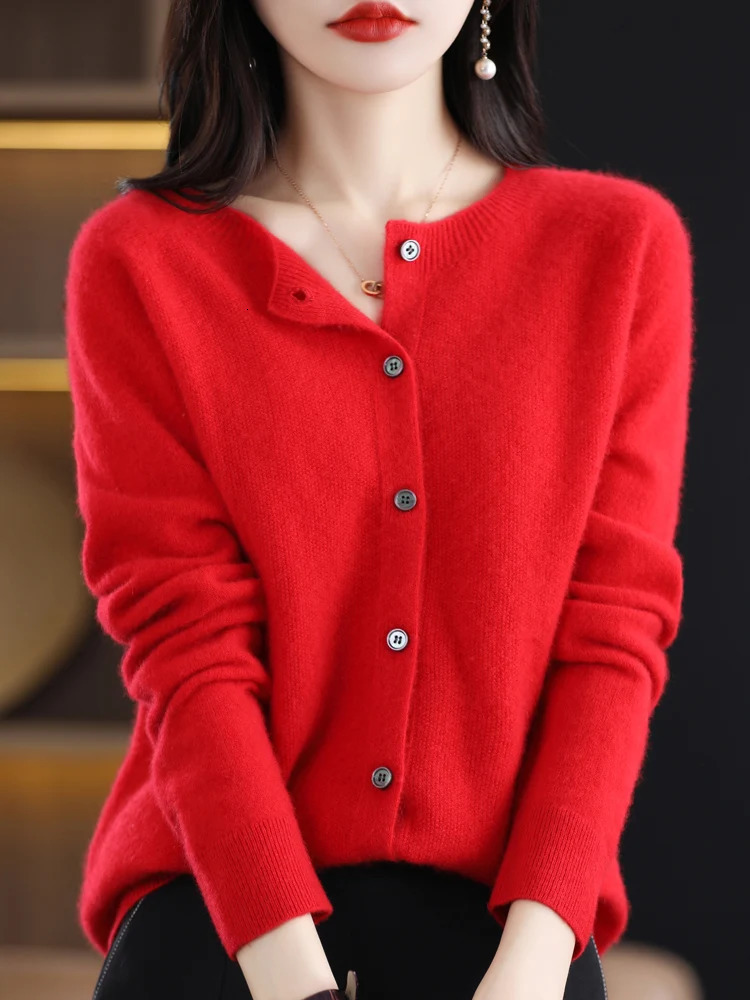 Spring 100% Merino Wool Womens O-neck Open cardigan Cashmere Sweater Womens Clothing Elegant Knitted Korean Top 241018