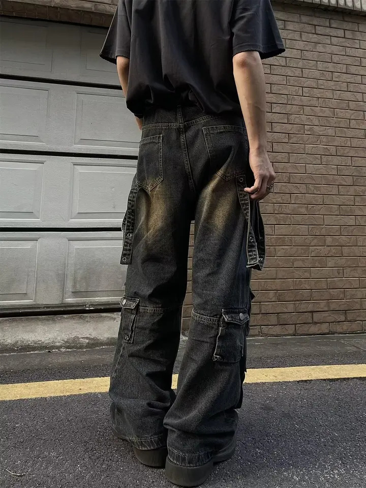 Y2K multi pocket luggage cargo jeans retro mens and womens loose straight leg hip-hop pants luggage Y2K jeans 241007