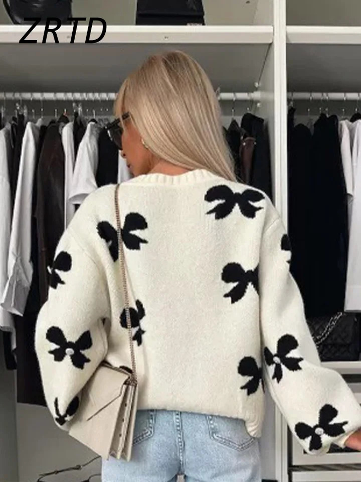 Casual Knitted Printed Lace Cardigan Womens Loose Hollow O-Neck Long Sleeve Sweater Autumn Womens Full Knitted Set 241019