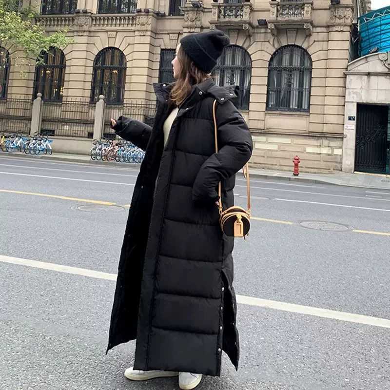 2023 Winter Down Cotton Jackets Womens Clothing Side Button Long Parkas Hooded Warm Winter Coats Female Black Overcoats fp435X241019