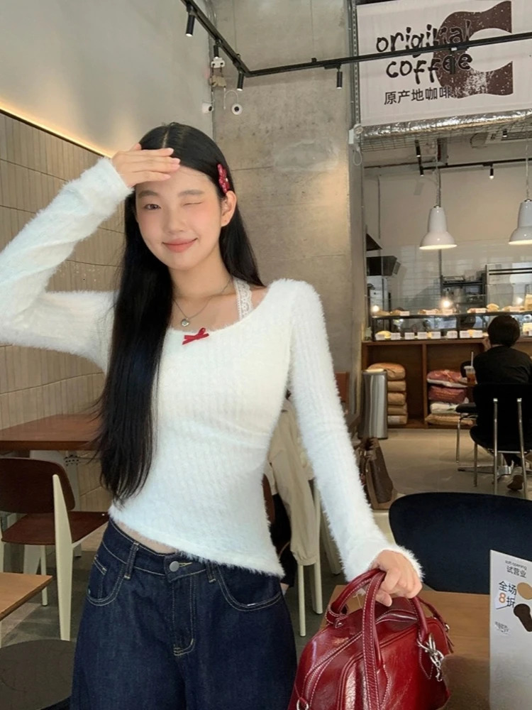 HOUZHOU Kawaii Coquette Sexy Knitted Pullovers Women Korean Style Y2k Aesthetic Lace Patchwork Solid Slim Sweater 2024 241010