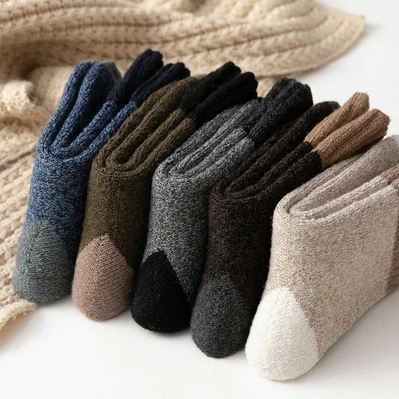 5Pairs/Mens Winter Wool Socks Super Thick Heart Socks Towel Bottom Fashion Patchwork Color Warm Snow High Quality Midtube SocksXJ241019