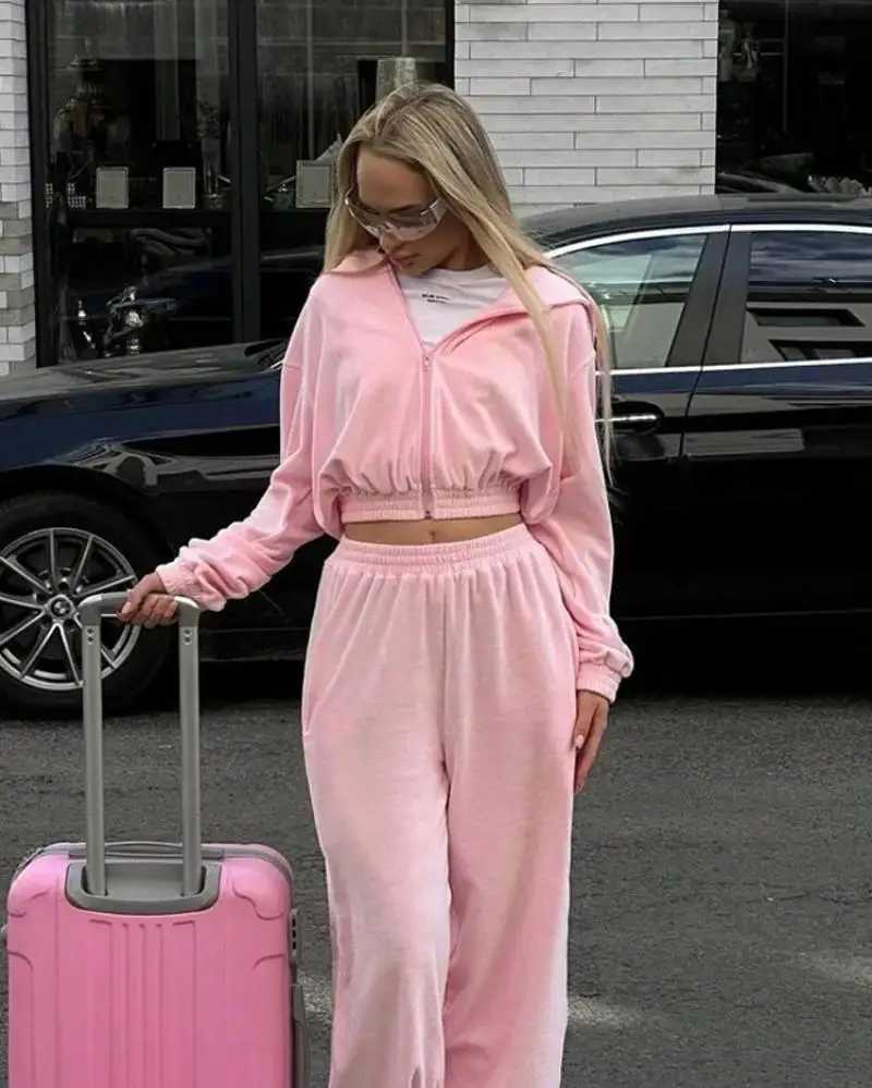 Women's Two Piece Pants Womens casual set Strt Style long Slve hooded sweatshirt cardigan elastic waist pants fashionable two-piece set Y2410197X
