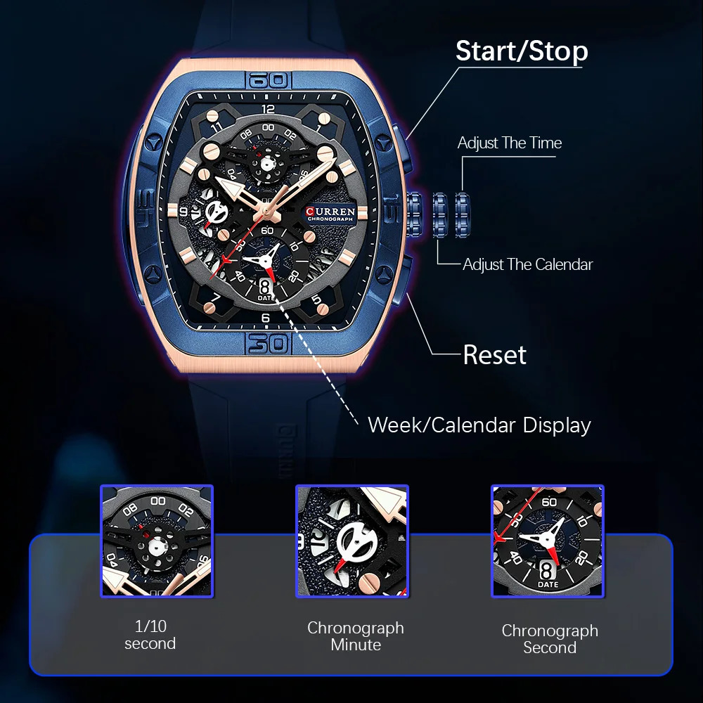 CURREN y sports quartz watch mens color multifunctional Tonneau with automatic date 241009