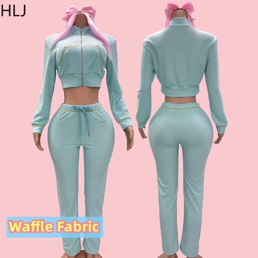 Women's Two Piece Pants HLJ autumn new waffle biscuit sport two-piece set womens zipper long Slve crop top jogging pants track suit womens clothi