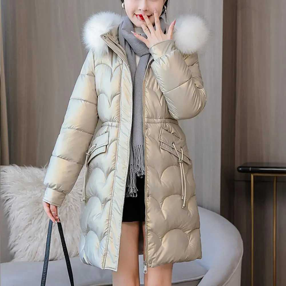 Women Winter Cotton Coat Thickened Padded Faux Fur Hood Winter Outerwear Smooth Slim Fit Windproof Mid Length Hooded Down CoatX241019