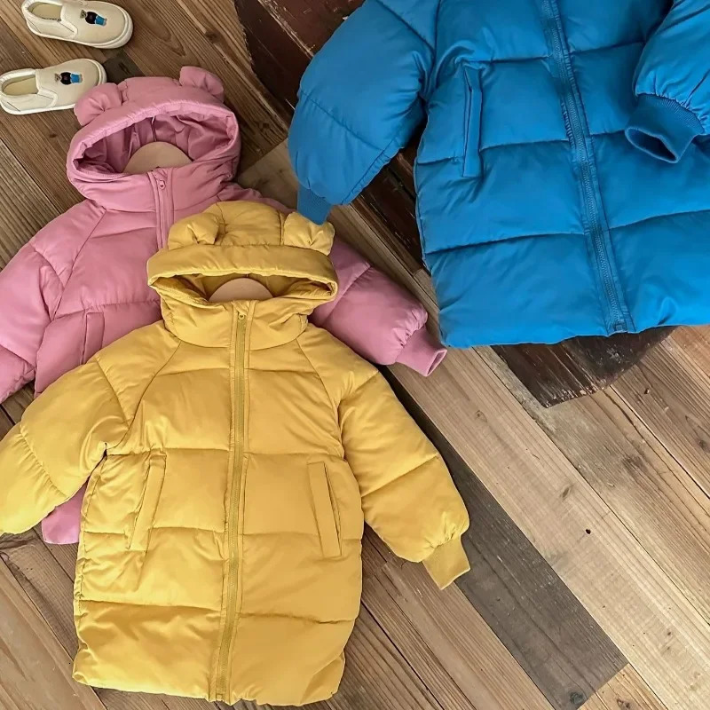 2024 Children Winter Jacket Girls Cotton Padded Parkas Baby Solid Coat Kids Long Hooded Waterproof Thicken Snowsuits 241018