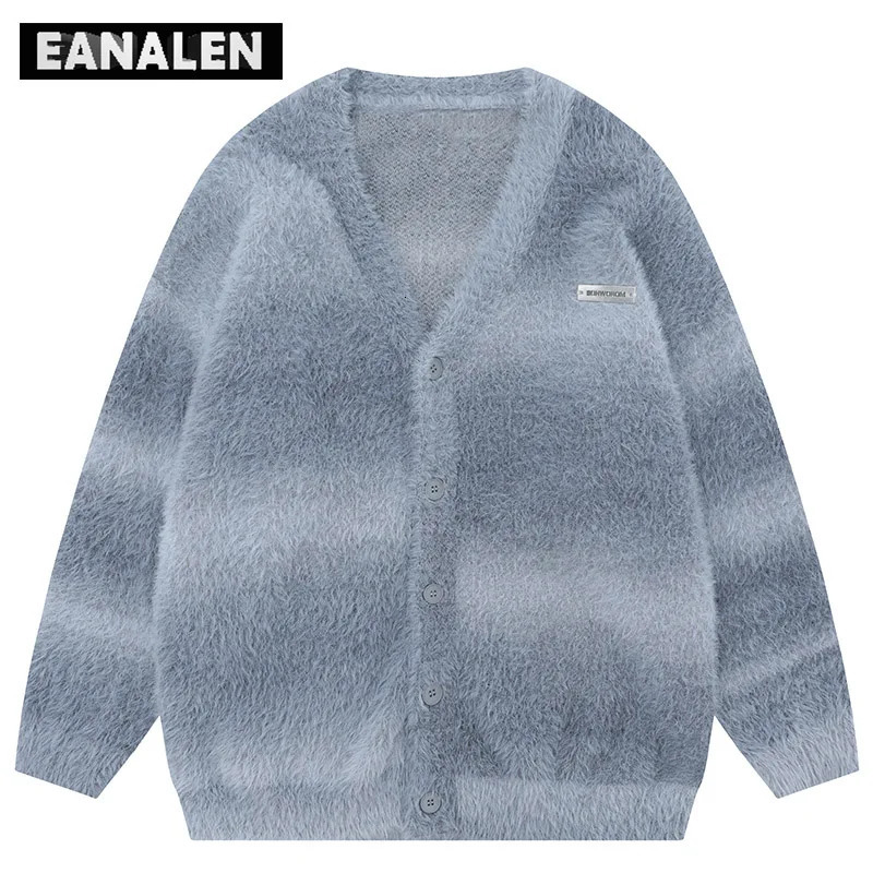 Harajuku Black Color Striped Knitted Cardigan Mens Vintage Korean Style Oversized Tie Dye Grandpa Sweater Womens Y2K 241010