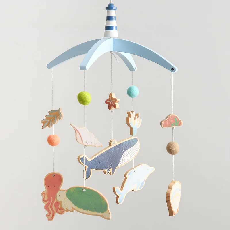 Baby crib bell hanging toy 0-12 months old newborn wooden mobile music baby crib mouse toy cartoon whale baby crib bracket baby gift W240815