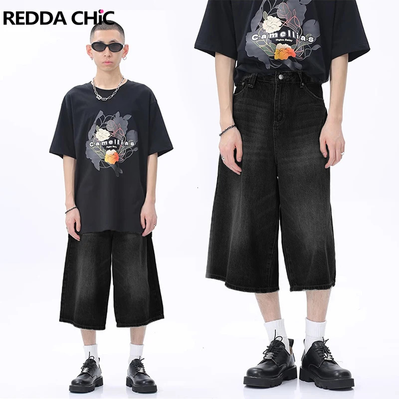 ReddaChic Acubi Fashion Brushed Baggy Jorts Men Vintage Black Raw Edge Loose Casual Denim Shorts Y2k Hiphop Wide Leg Short Pants 241008