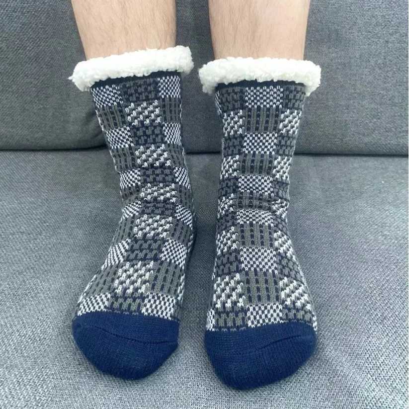 Fluffy Non Slip Socks Mens Plaid Winter Warm Short Cotton Thickened Home Sleeping Thermal Soft Anti Slip Floor Fuzzy Sock MaleXJ241019