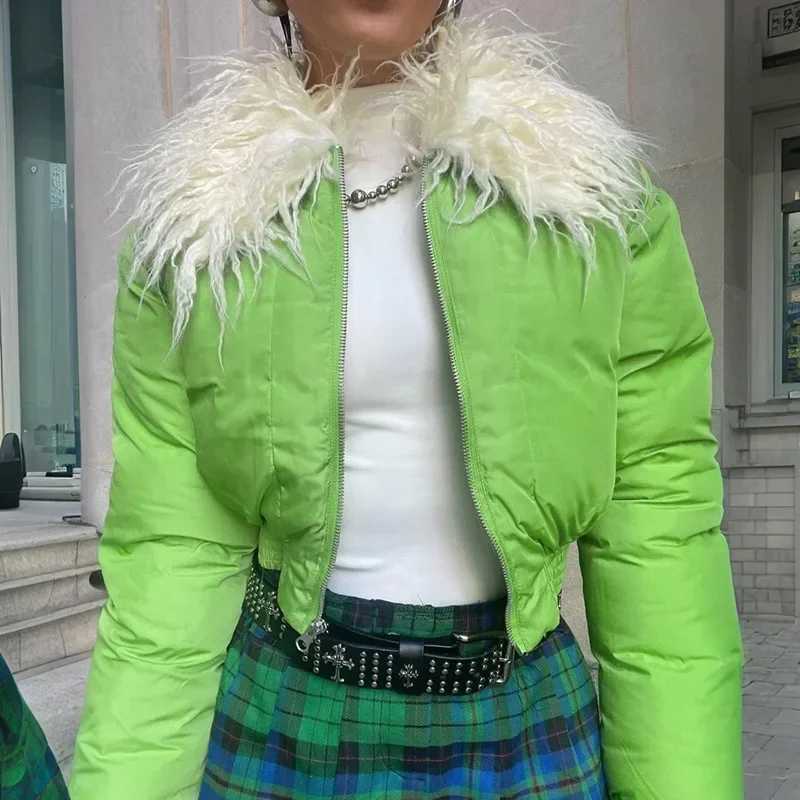 Women's Down Parkas Fashion Cute Women Candy Grn Zipper Puffer Jacket Winter Fur Collar Bubble Coats Feathers Lapel Puff Parka Slim Crop Jackets 