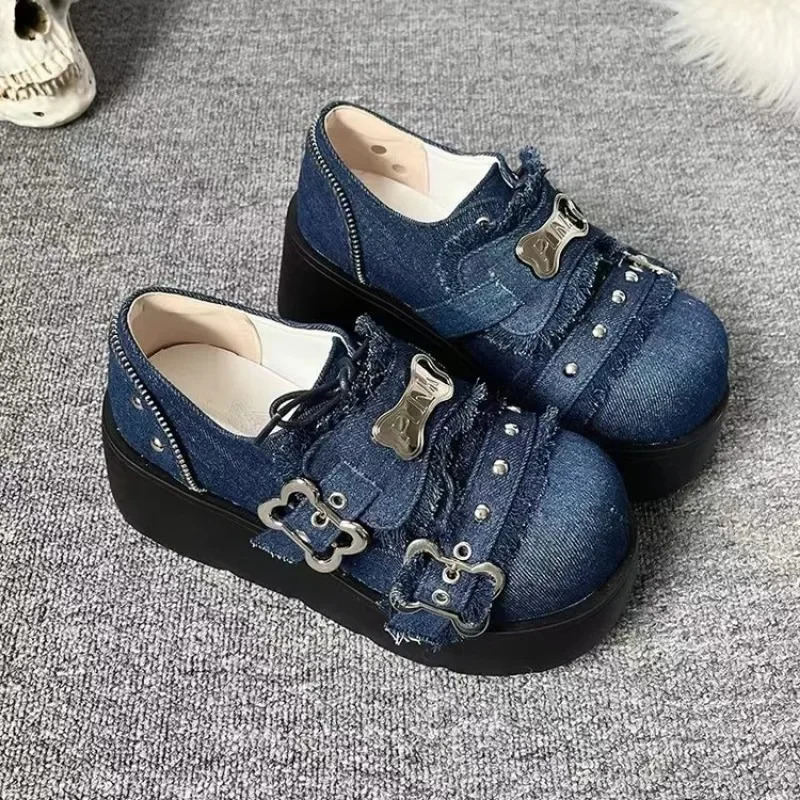 Punk metal chain block platform ankle boots for women 2024 winter Y2K thick soled denim boots for women Black Gothic Lolita shoes 241018