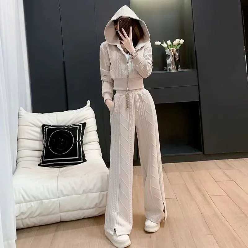 Women's Two Piece Pants Slit Wide Leg Womens Pants Two Piece Set Blue Tracksuit Autumn Winter Sport Ladies Trouser Hooded Sweatshirt Tailor D Lux